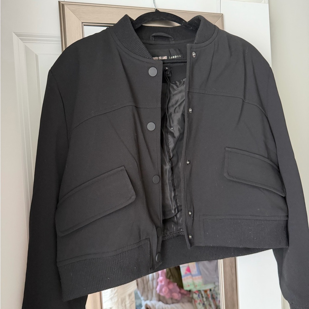River Island Black Cropped Bomber Jacket with Flap Pockets